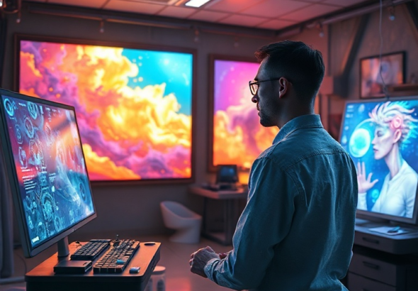 A futuristic artist studio with holographic displays showing vibrant, evolving art pieces, a human artist collaborates with a glowing, ethereal AI interface, warm ambient lighting, highly detailed, cinematic, 8k quality, digital painting style