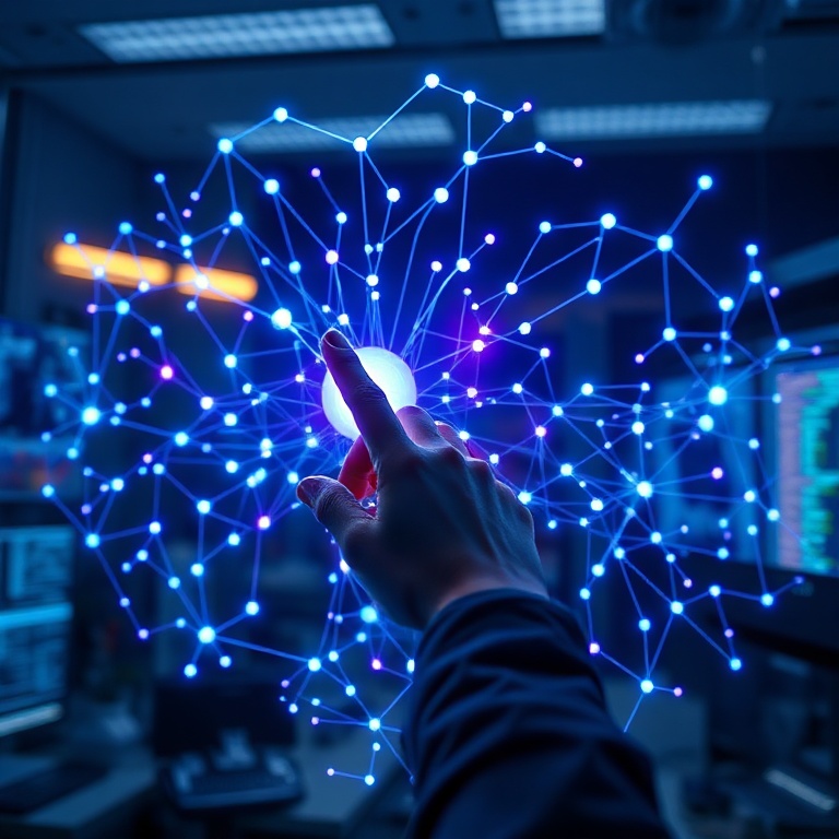 openais - A detailed holographic projection of a complex neural network diagram, glowing blue and purple nodes representing d