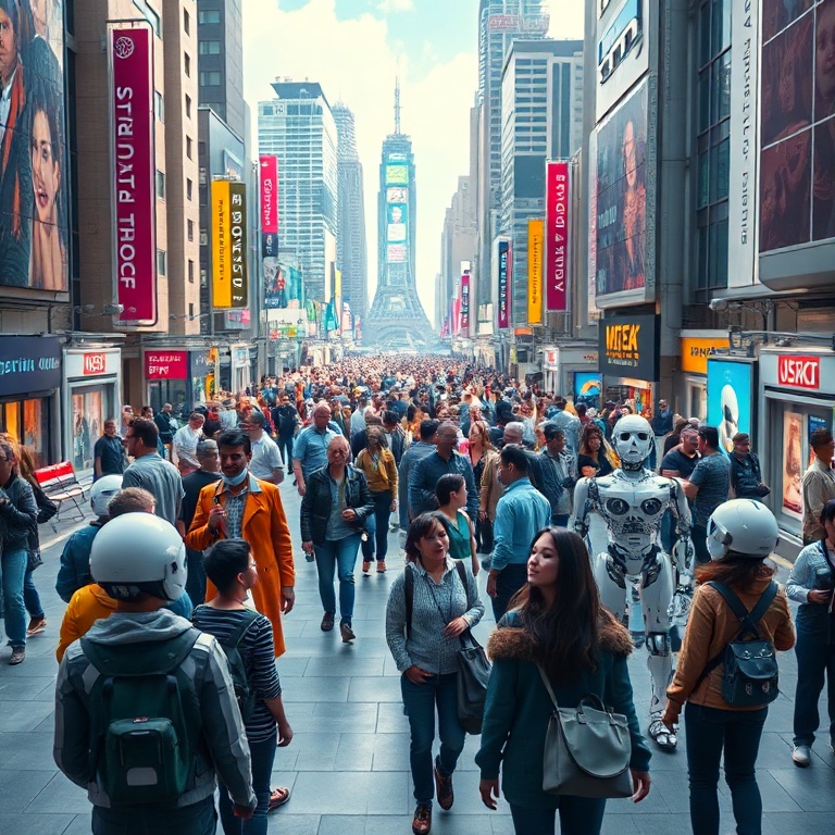 openais - A diverse group of people from different backgrounds interacting harmoniously with various AI interfaces in a bustl