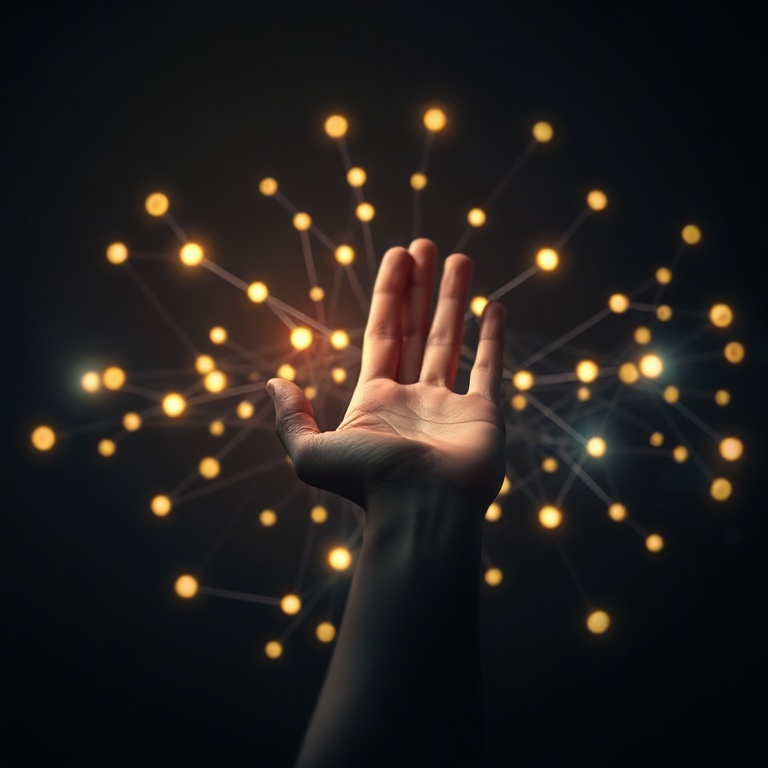 openais - A conceptual image showing a hand gently guiding a complex, interconnected network of glowing data points, represen