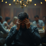 A man sits alone at a dimly lit engagement party, looking utterly shell-shocked and betrayed, head in hands, while blurred figures celebrate in the background. The atmosphere is heavy with emotional turmoil, muted colors, cinematic lighting, ultra realistic, highly detailed, 8k quality, photorealistic