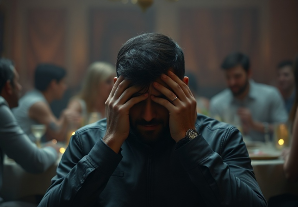 A man sits alone at a dimly lit engagement party, looking utterly shell-shocked and betrayed, head in hands, while blurred figures celebrate in the background. The atmosphere is heavy with emotional turmoil, muted colors, cinematic lighting, ultra realistic, highly detailed, 8k quality, photorealistic