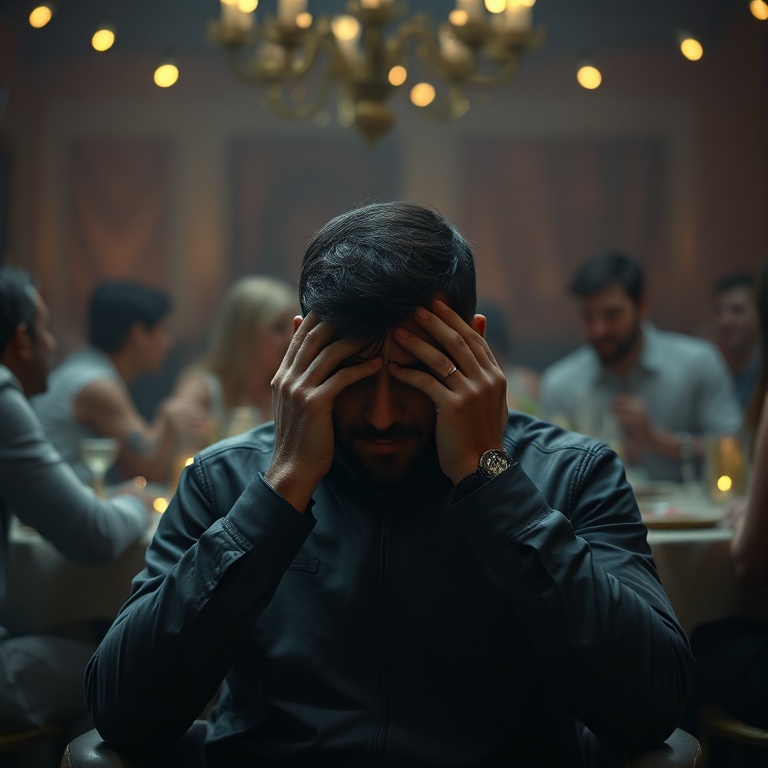 A man sits alone at a dimly lit engagement party, looking utterly shell-shocked and betrayed, head in hands, while blurred figures celebrate in the background. The atmosphere is heavy with emotional turmoil, muted colors, cinematic lighting, ultra realistic, highly detailed, 8k quality, photorealistic