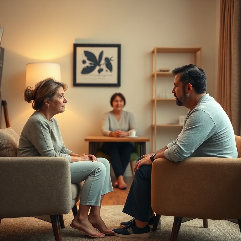 expert - A couple sits opposite each other in a warm, inviting therapy room, with a compassionate therapist observing. The co