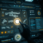 A detailed close-up of the intricate crafting interface in a futuristic video game, showing glowing weapon schematics, resource icons, and perk selection menus, with a player's hand hovering over a holographic button. The environment is dimly lit, suggesting a high-tech workshop. The overall mood is focused and technical, emphasizing the complexity of the new crafting system. This visual aid supports the analysis of the system's controversial design. Cinematic, ultra realistic, highly detailed, 8k quality, photorealistic