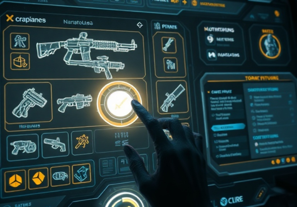 A detailed close-up of the intricate crafting interface in a futuristic video game, showing glowing weapon schematics, resource icons, and perk selection menus, with a player's hand hovering over a holographic button. The environment is dimly lit, suggesting a high-tech workshop. The overall mood is focused and technical, emphasizing the complexity of the new crafting system. This visual aid supports the analysis of the system's controversial design. Cinematic, ultra realistic, highly detailed, 8k quality, photorealistic