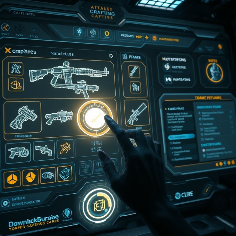 A detailed close-up of the intricate crafting interface in a futuristic video game, showing glowing weapon schematics, resource icons, and perk selection menus, with a player's hand hovering over a holographic button. The environment is dimly lit, suggesting a high-tech workshop. The overall mood is focused and technical, emphasizing the complexity of the new crafting system. This visual aid supports the analysis of the system's controversial design. Cinematic, ultra realistic, highly detailed, 8k quality, photorealistic