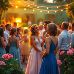 A vibrant engagement party scene with a happy couple laughing in the center, surrounded by elegantly dressed guests mingling, warm golden hour lighting, lush garden venue with fairy lights, a woman in a blue dress stands near rose bushes, looking thoughtful, just before a major Tifu moment, highly detailed, photorealistic, cinematic atmosphere