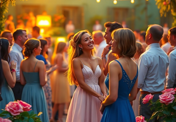 A vibrant engagement party scene with a happy couple laughing in the center, surrounded by elegantly dressed guests mingling, warm golden hour lighting, lush garden venue with fairy lights, a woman in a blue dress stands near rose bushes, looking thoughtful, just before a major Tifu moment, highly detailed, photorealistic, cinematic atmosphere
