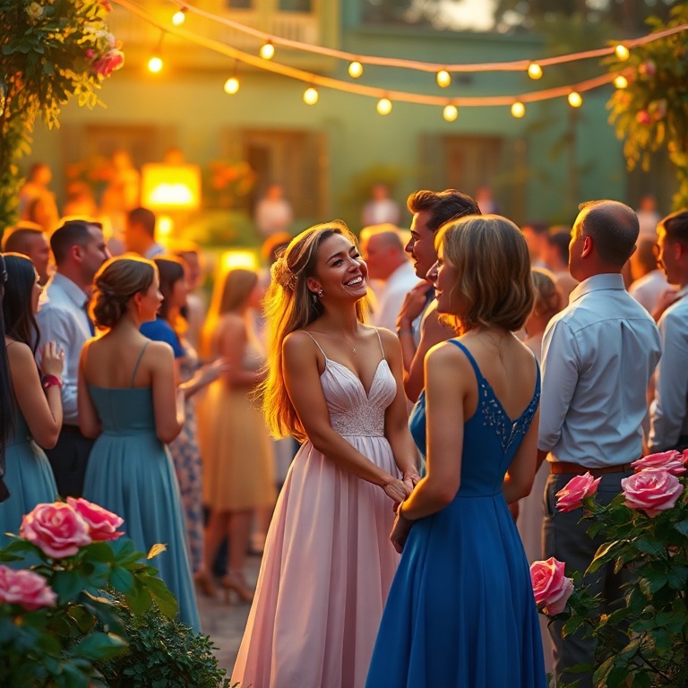 A vibrant engagement party scene with a happy couple laughing in the center, surrounded by elegantly dressed guests mingling, warm golden hour lighting, lush garden venue with fairy lights, a woman in a blue dress stands near rose bushes, looking thoughtful, just before a major Tifu moment, highly detailed, photorealistic, cinematic atmosphere