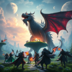 A futuristic, vibrant open-world MMORPG scene with a diverse group of players battling a colossal mythical beast in a lush, alien landscape. The characters are highly detailed, wearing intricate armor and casting glowing spells. The environment features floating islands, bioluminescent flora, and a dramatic sky with multiple moons. Unreal Engine 5 aesthetic, cinematic lighting, 8k quality, fantasy art style.