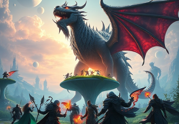 A futuristic, vibrant open-world MMORPG scene with a diverse group of players battling a colossal mythical beast in a lush, alien landscape. The characters are highly detailed, wearing intricate armor and casting glowing spells. The environment features floating islands, bioluminescent flora, and a dramatic sky with multiple moons. Unreal Engine 5 aesthetic, cinematic lighting, 8k quality, fantasy art style.