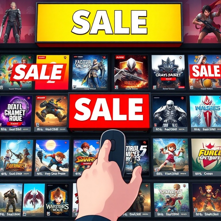 epic - A vibrant, dynamic digital storefront displaying various video game covers with large 'SALE' banners and percentage di