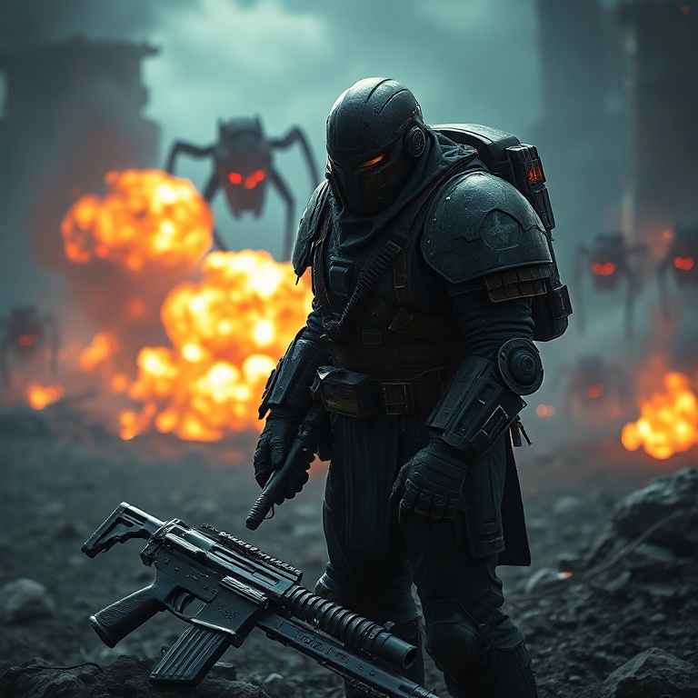 epic - A Helldivers 2 soldier in detailed armor looking frustrated, standing amidst a battlefield with explosions and alien b