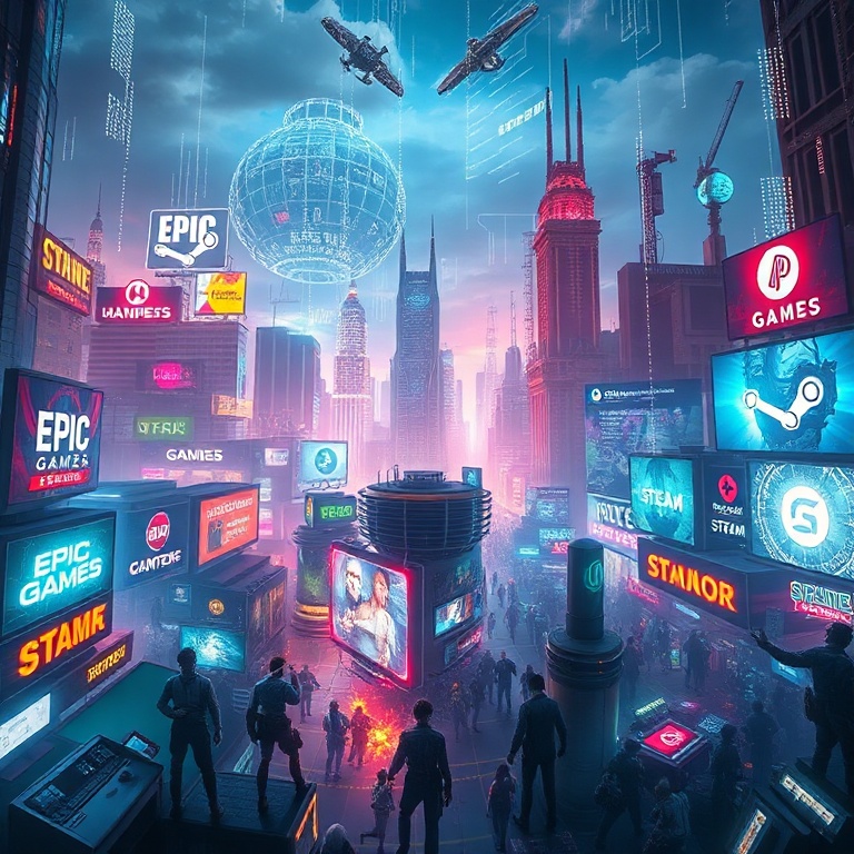 A panoramic view of a bustling, futuristic digital city representing the gaming industry. Neon signs display logos of various