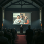 A dimly lit church interior during a funeral, with a projector screen showing a shocking image of a man with an unfamiliar woman and children. The speaker at the podium looks horrified, hands covering their mouth, while the congregation in the pews gasp and react with disbelief and shock. The atmosphere is tense and dramatic, capturing the moment of a massive Tifu. Cinematic, ultra realistic, highly detailed, 8k quality, photorealistic