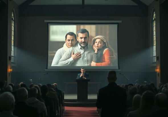 A dimly lit church interior during a funeral, with a projector screen showing a shocking image of a man with an unfamiliar woman and children. The speaker at the podium looks horrified, hands covering their mouth, while the congregation in the pews gasp and react with disbelief and shock. The atmosphere is tense and dramatic, capturing the moment of a massive Tifu. Cinematic, ultra realistic, highly detailed, 8k quality, photorealistic