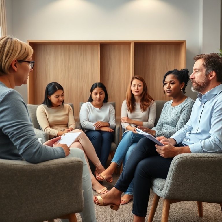 A family therapist's office, showing a diverse group of adults (representing two different families) sitting in comfortable c