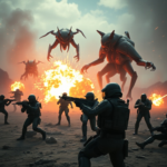A vibrant, action-packed scene from a futuristic cooperative shooter game, similar to Helldivers 2, with soldiers in power armor battling alien creatures on a desolate, alien planet. Explosions illuminate the background, and particle effects fill the air. The mood is intense and dynamic, showcasing the excitement of a major game update. Cinematic, highly detailed, 8k quality, digital art, sci-fi military aesthetic.
