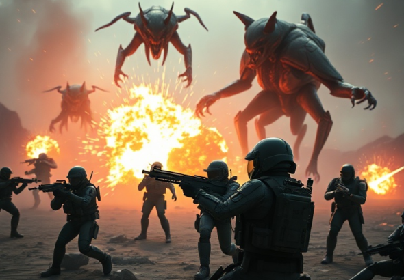 A vibrant, action-packed scene from a futuristic cooperative shooter game, similar to Helldivers 2, with soldiers in power armor battling alien creatures on a desolate, alien planet. Explosions illuminate the background, and particle effects fill the air. The mood is intense and dynamic, showcasing the excitement of a major game update. Cinematic, highly detailed, 8k quality, digital art, sci-fi military aesthetic.