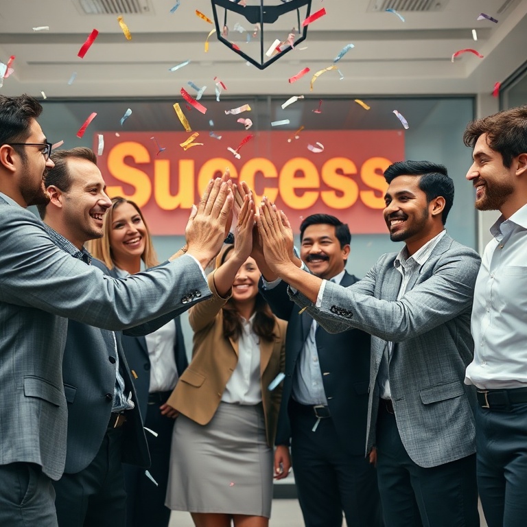 explosive - A diverse team of business professionals celebrating a significant achievement, with confetti falling and a vibra