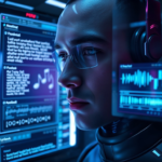 A futuristic, sleek AI interface displaying complex creative tasks being generated across multiple screens: text, 3D models, music notes, and video timelines. The interface is glowing with subtle blue and purple hues, reflecting on a user's focused face. High-tech environment, advanced computing, cinematic lighting, ultra realistic, highly detailed, 8k quality, photorealistic