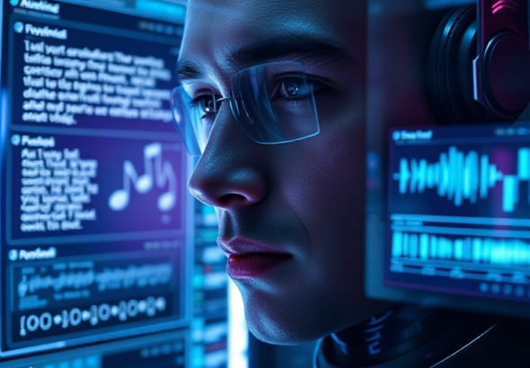 A futuristic, sleek AI interface displaying complex creative tasks being generated across multiple screens: text, 3D models, music notes, and video timelines. The interface is glowing with subtle blue and purple hues, reflecting on a user's focused face. High-tech environment, advanced computing, cinematic lighting, ultra realistic, highly detailed, 8k quality, photorealistic