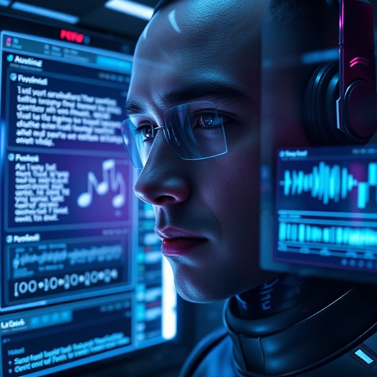 A futuristic, sleek AI interface displaying complex creative tasks being generated across multiple screens: text, 3D models, music notes, and video timelines. The interface is glowing with subtle blue and purple hues, reflecting on a user's focused face. High-tech environment, advanced computing, cinematic lighting, ultra realistic, highly detailed, 8k quality, photorealistic