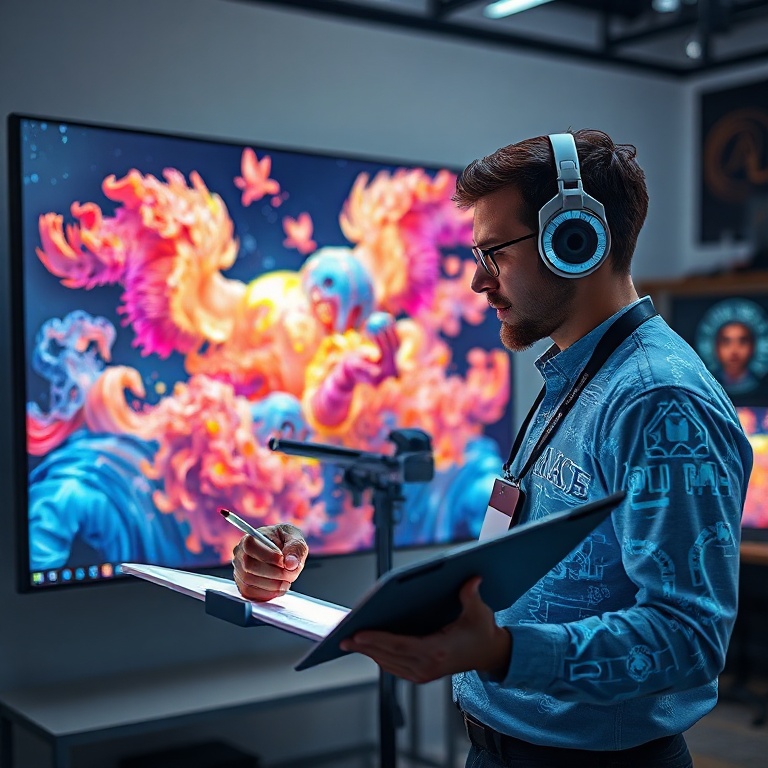 openais - A digital artist collaborating with a holographic AI assistant, both looking at a stunning, complex digital paintin