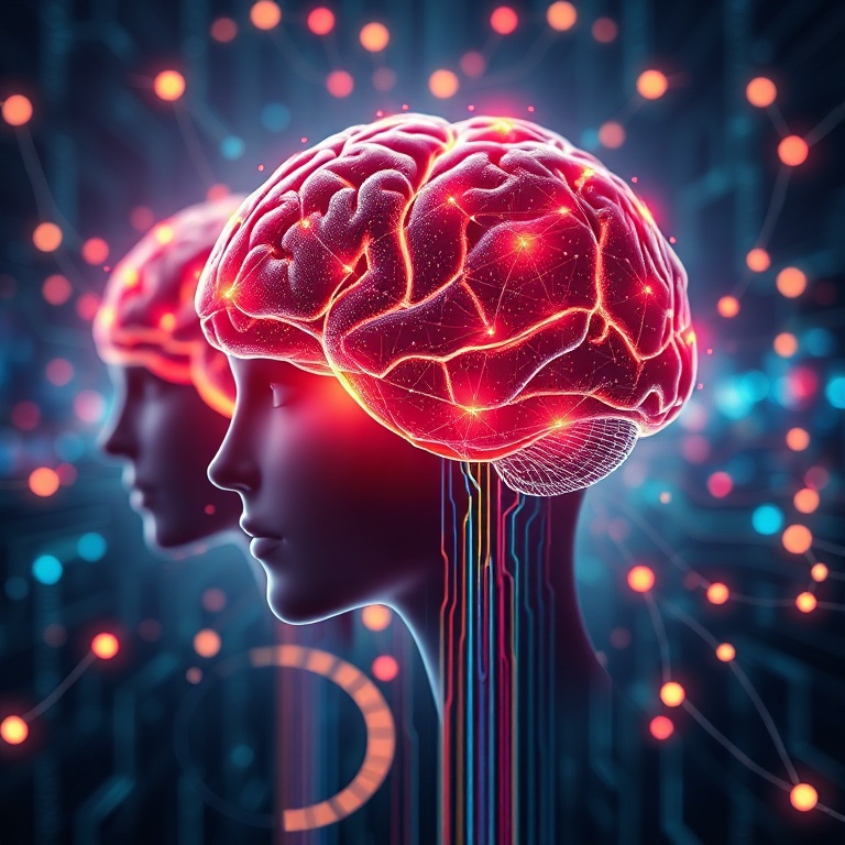 openais - A stylized, abstract representation of interconnected digital brains and creative tools, glowing with data streams.
