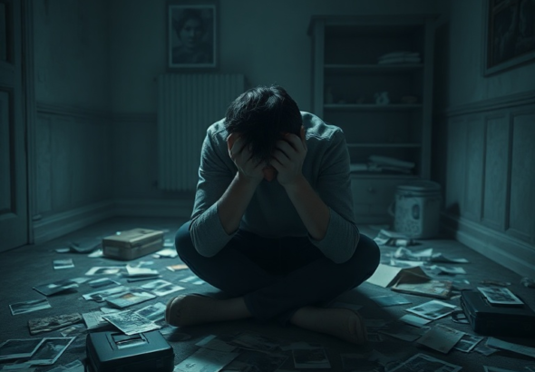 A person sits alone in a dimly lit room, head in hands, surrounded by scattered photographs and travel tickets, reflecting the overwhelming stress and fear of their secret life being exposed. The atmosphere is heavy with guilt and anxiety, cinematic lighting, ultra realistic, highly detailed, 8k quality, photorealistic