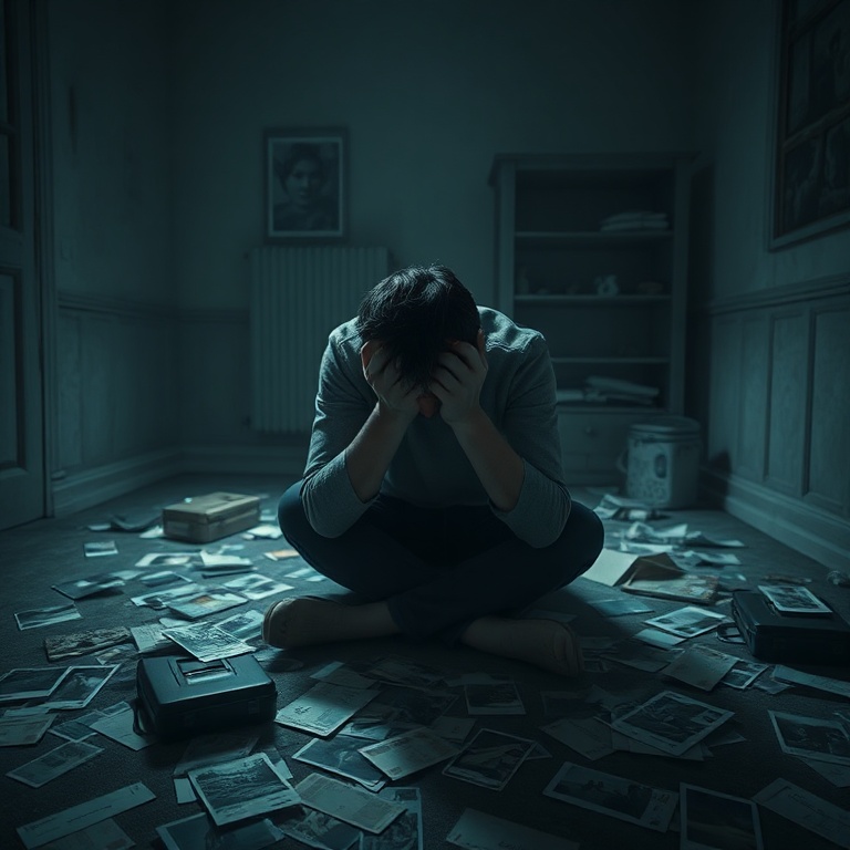 A person sits alone in a dimly lit room, head in hands, surrounded by scattered photographs and travel tickets, reflecting the overwhelming stress and fear of their secret life being exposed. The atmosphere is heavy with guilt and anxiety, cinematic lighting, ultra realistic, highly detailed, 8k quality, photorealistic