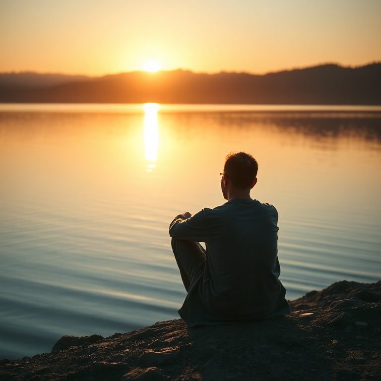 confession - A solitary figure sits by a calm lake at sunrise, looking towards the horizon with a contemplative expression, s