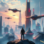 A futuristic sci-fi city with flying vehicles and towering neon-lit skyscrapers, a lone protagonist looking out over the vista, highly detailed, cinematic lighting, 8k quality, digital painting, epic atmosphere, Summer Game Fest showcase style