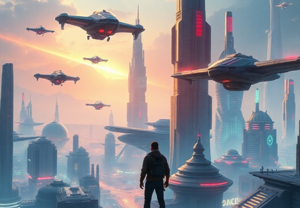 A futuristic sci-fi city with flying vehicles and towering neon-lit skyscrapers, a lone protagonist looking out over the vista, highly detailed, cinematic lighting, 8k quality, digital painting, epic atmosphere, Summer Game Fest showcase style