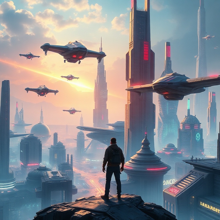 A futuristic sci-fi city with flying vehicles and towering neon-lit skyscrapers, a lone protagonist looking out over the vista, highly detailed, cinematic lighting, 8k quality, digital painting, epic atmosphere, Summer Game Fest showcase style