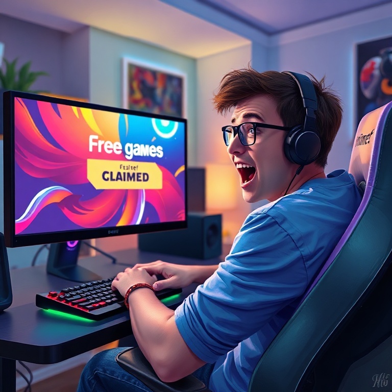 A gamer excitedly looking at a computer screen displaying a 'Free Games Claimed' notification, vibrant gaming setup with RGB