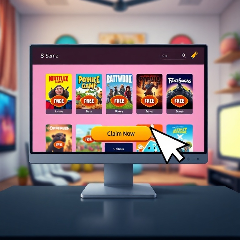 A vibrant digital storefront interface on a computer screen, displaying multiple game covers with 'FREE' badges, a mouse curs