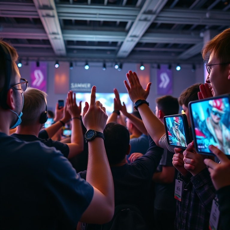A diverse group of gamers watching a live stream of a game announcement, cheering and high-fiving, glowing screens reflecting