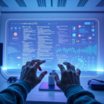 A futuristic developer interface displaying multimodal AI capabilities, with intertwining streams of text, code, images, and audio waveforms on a holographic screen. A developer's hands are interacting with the interface, surrounded by a clean, minimalist workspace with soft blue and purple lighting, reflecting Google's innovation, ultra realistic, highly detailed, 8k quality, photorealistic