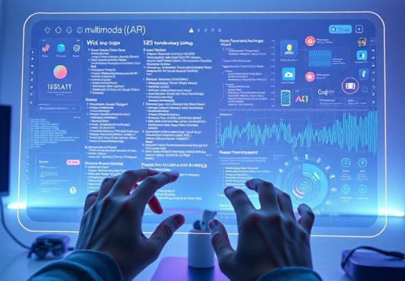 A futuristic developer interface displaying multimodal AI capabilities, with intertwining streams of text, code, images, and audio waveforms on a holographic screen. A developer's hands are interacting with the interface, surrounded by a clean, minimalist workspace with soft blue and purple lighting, reflecting Google's innovation, ultra realistic, highly detailed, 8k quality, photorealistic