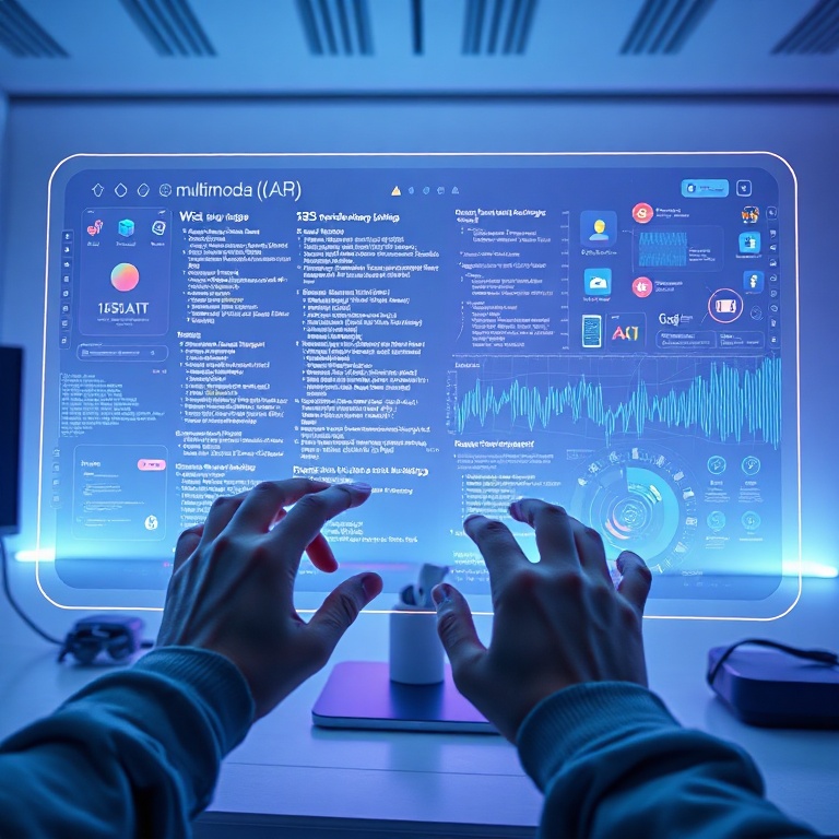 A futuristic developer interface displaying multimodal AI capabilities, with intertwining streams of text, code, images, and audio waveforms on a holographic screen. A developer's hands are interacting with the interface, surrounded by a clean, minimalist workspace with soft blue and purple lighting, reflecting Google's innovation, ultra realistic, highly detailed, 8k quality, photorealistic