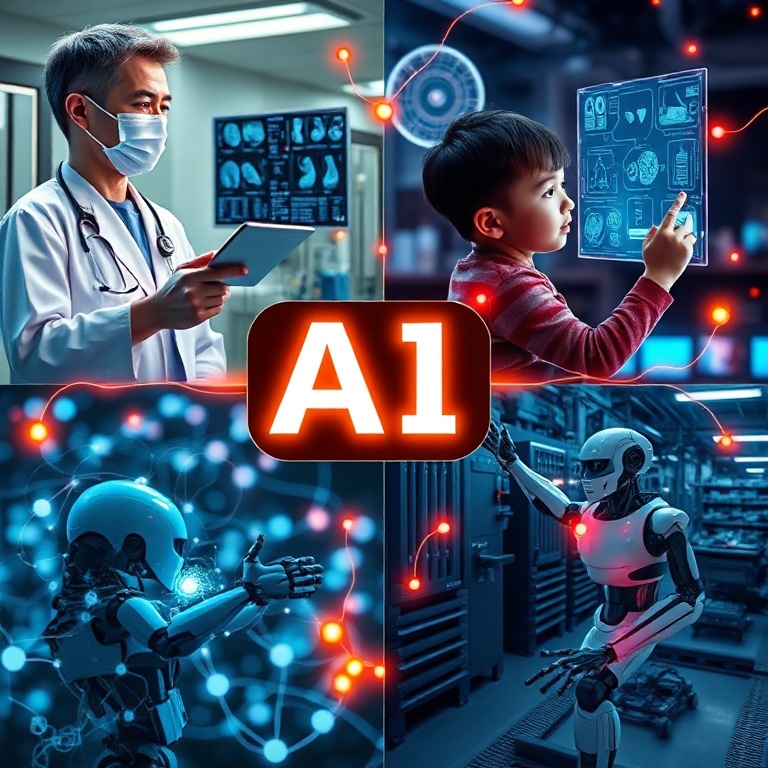 A collage of diverse AI applications: a doctor reviewing medical scans with an AI assistant, a student learning with an inter