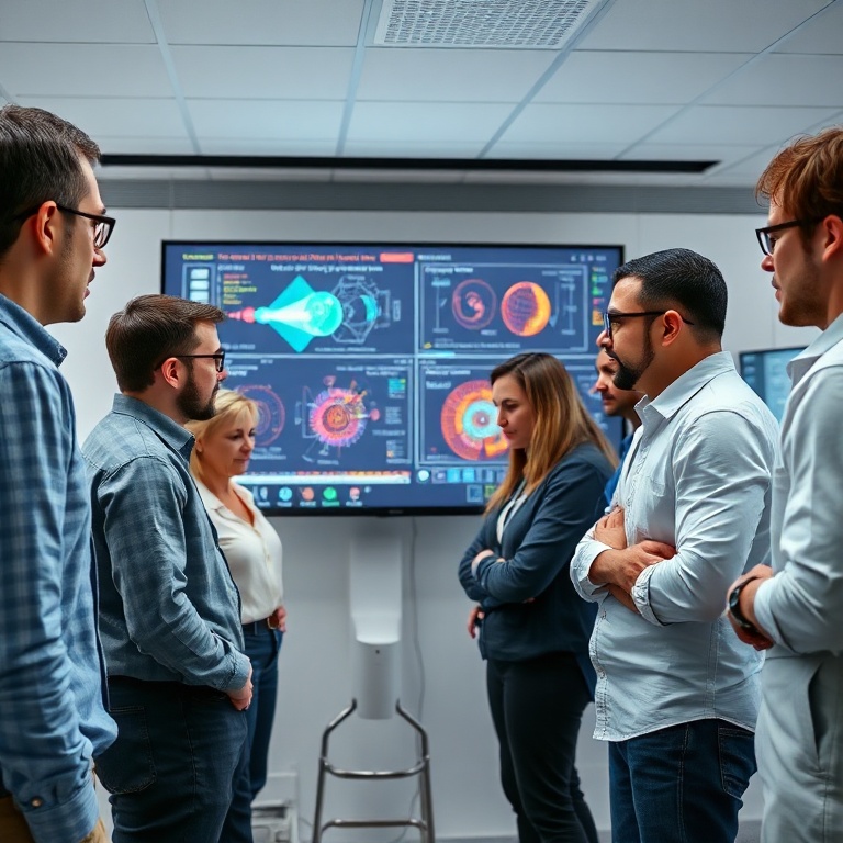 A diverse team of researchers and engineers collaborating in a modern, brightly lit Google DeepMind lab. They are gathered ar