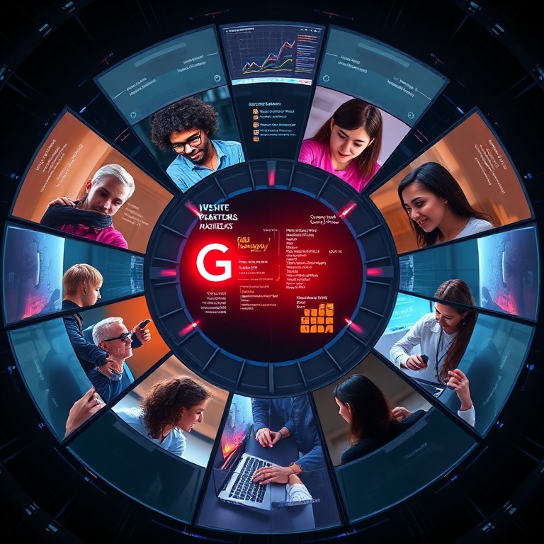 A group of diverse developers from around the world collaborating virtually, their faces on glowing screens arranged in a cir