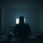 A solitary figure sits at a desk, head in hands, illuminated by the glow of a laptop screen displaying a book cover. The room is dimly lit, reflecting a mood of deep contemplation and moral conflict. Scattered papers and a half-empty coffee cup suggest long hours of internal struggle. The overall atmosphere is one of heavy decision-making, emphasizing the weight of the Aita Wanting Expose dilemma. Cinematic atmosphere, ultra realistic, highly detailed, 8k quality, photorealistic.