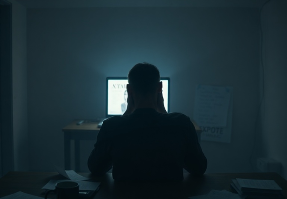 A solitary figure sits at a desk, head in hands, illuminated by the glow of a laptop screen displaying a book cover. The room is dimly lit, reflecting a mood of deep contemplation and moral conflict. Scattered papers and a half-empty coffee cup suggest long hours of internal struggle. The overall atmosphere is one of heavy decision-making, emphasizing the weight of the Aita Wanting Expose dilemma. Cinematic atmosphere, ultra realistic, highly detailed, 8k quality, photorealistic.