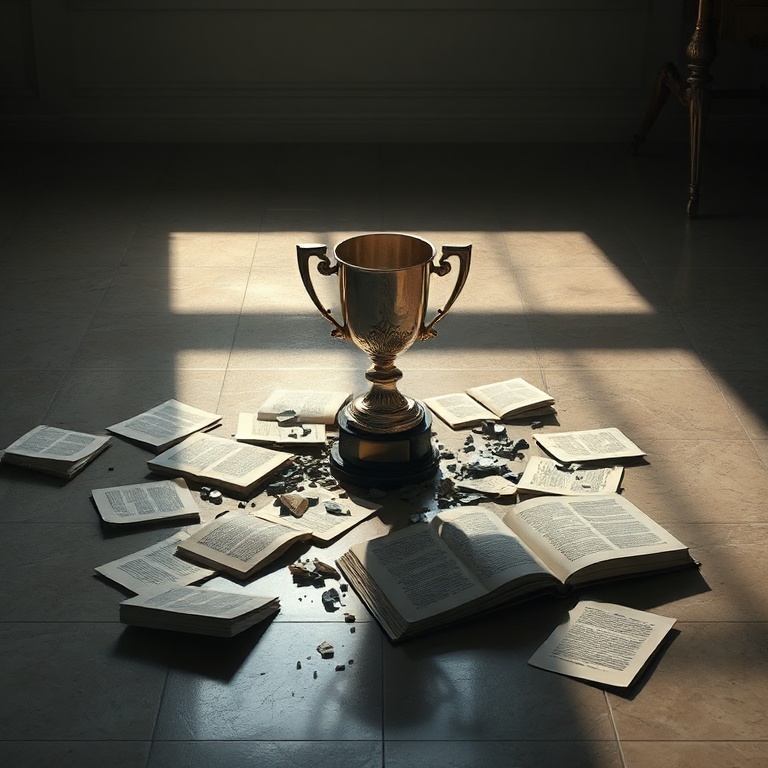 A dramatic scene depicting a shattered trophy and scattered book pages on a polished floor, symbolizing the destruction of a