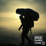 A detailed promotional image for Death Stranding showing Sam Porter Bridges carrying a large cargo on his back, silhouetted against a vast, alien-like landscape with BTs (Beached Things) lurking in the distance, dramatic lighting, cinematic, high resolution, dark and atmospheric mood, featuring the Epic Games Store logo subtly in the corner, ultra realistic, highly detailed, 8k quality, photorealistic