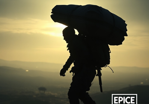 A detailed promotional image for Death Stranding showing Sam Porter Bridges carrying a large cargo on his back, silhouetted against a vast, alien-like landscape with BTs (Beached Things) lurking in the distance, dramatic lighting, cinematic, high resolution, dark and atmospheric mood, featuring the Epic Games Store logo subtly in the corner, ultra realistic, highly detailed, 8k quality, photorealistic